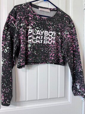 Playboy‎ x Missguided Paint Splatter Crop Top Sweatshirt Pink Gray Black M Y2K
